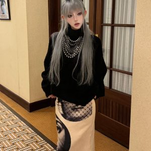High-Neck Knitted Sweater and Fishtail Skirt Two-Piece Set for Women - Loose Lazy Style Autumn/Winter Fashion