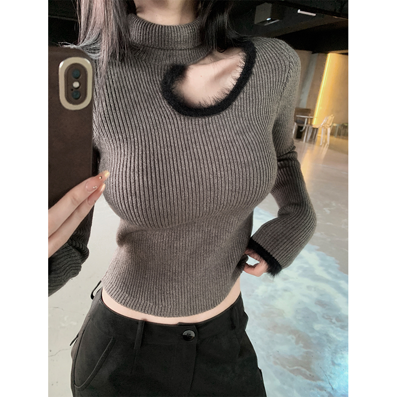 High Neck Knitted Women's Shoulder Sweater Top with Flirt Trap Design - Cozy Winter Fashion Essential