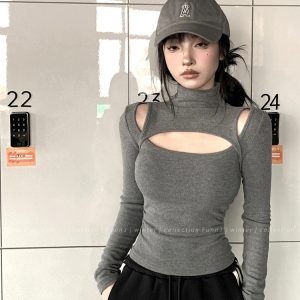 High Neck Slim Fit Square Design Knitted Base Layer Top for Women - Sweet Temptation Style