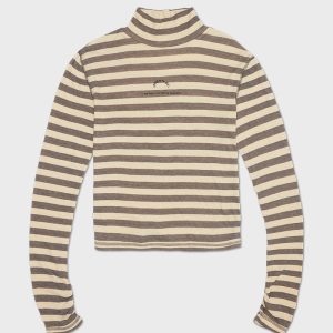 High Neck Striped Korean Style Slim Fit Long Sleeve Casual T-shirt - Unique & Versatile Slimming Top for Everyday Wear