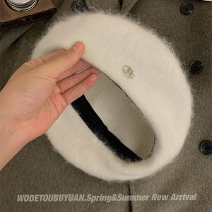 High-Quality Angora Rabbit Fur Beret Hat for Women - 2024 Painter Style, Face-Slimming Design, Trendy Fashion Accessory