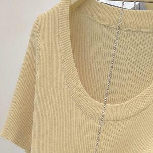 High-Quality Women's Short-Sleeve T-Shirt with Shoulder Design, Thin Ice Silk Knit Top, Niche Style for Summer Fashion