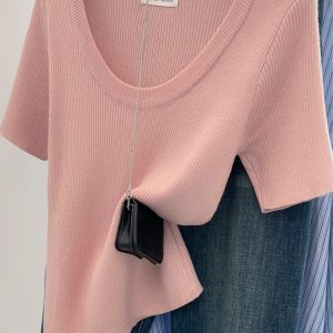 High-Quality Women's Short-Sleeve T-Shirt with Shoulder Design, Thin Ice Silk Knit Top, Niche Style for Summer Fashion