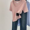 High-Quality Women's Short-Sleeve T-Shirt with Shoulder Design, Thin Ice Silk Knit Top, Niche Style for Summer Fashion
