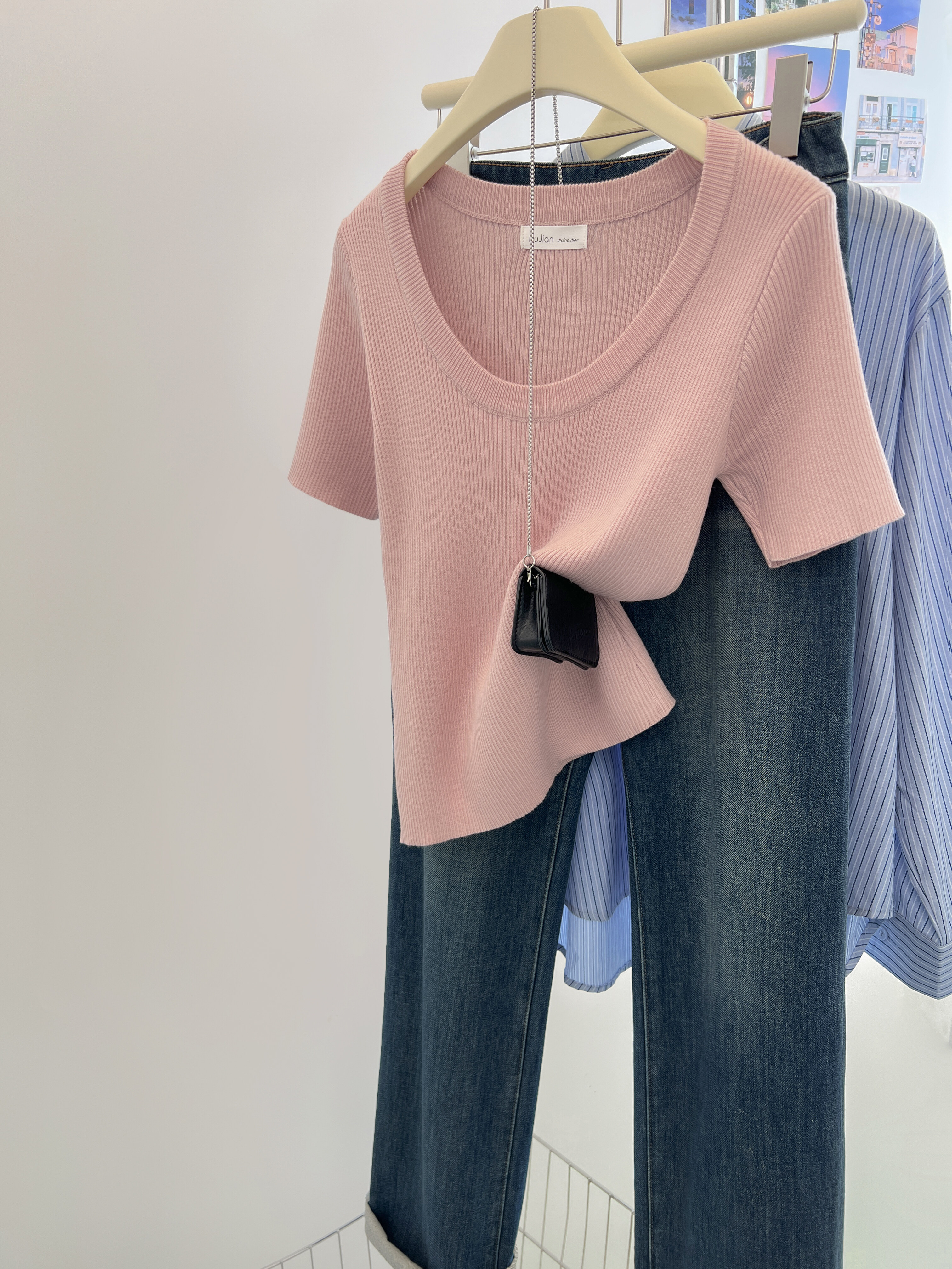 High-Quality Women's Short-Sleeve T-Shirt with Shoulder Design, Thin Ice Silk Knit Top, Niche Style for Summer Fashion