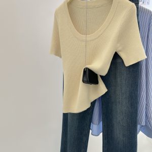 High-Quality Women's Short-Sleeve T-Shirt with Shoulder Design, Thin Ice Silk Knit Top, Niche Style for Summer Fashion