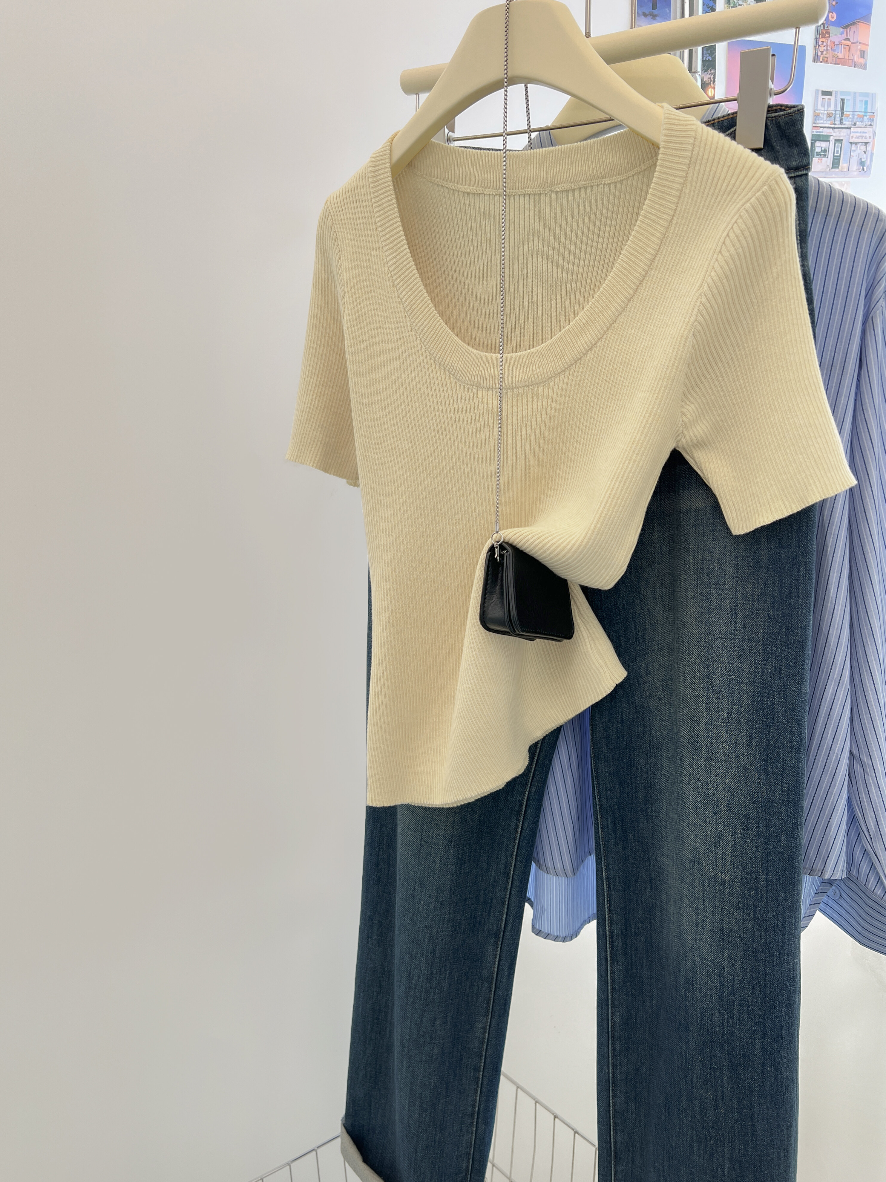 High-Quality Women's Short-Sleeve T-Shirt with Shoulder Design, Thin Ice Silk Knit Top, Niche Style for Summer Fashion