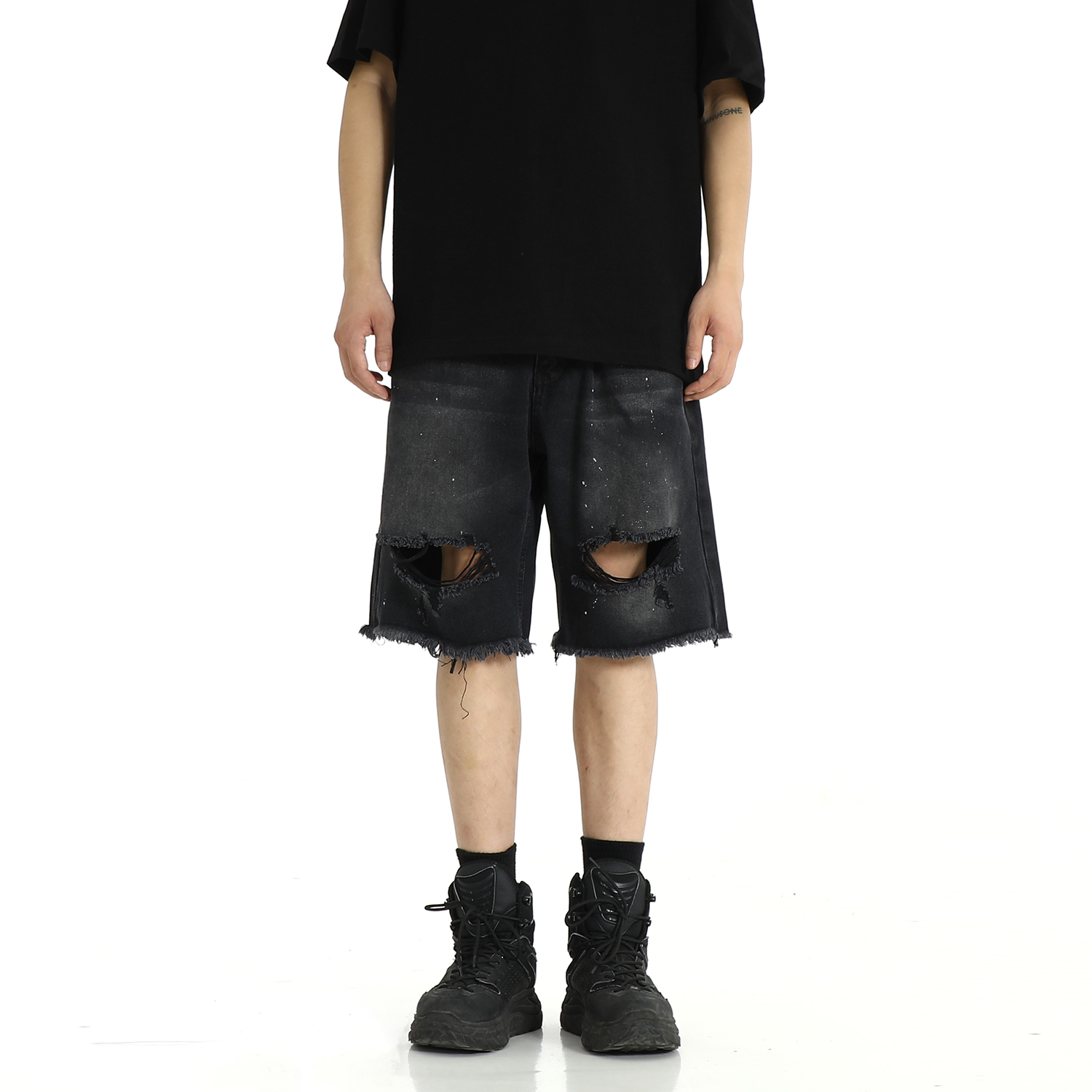 High Street American Style Frayed Tassel Ripped Denim Shorts for Men - Summer Casual Loose Fit Five-Point Pants