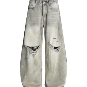 High Street American Style Wide-Leg Jeans with Ripped Splatter Design and Curved Hem - Summer Casual Fashion