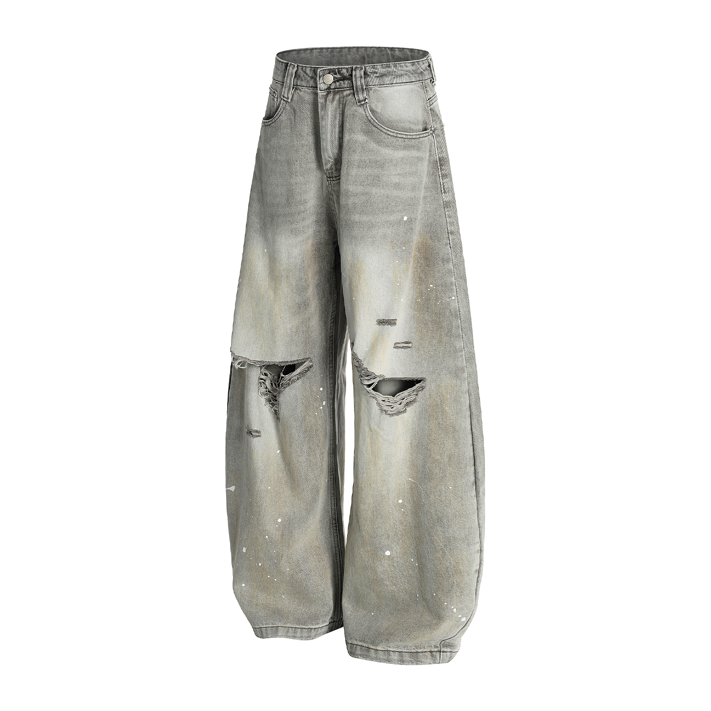 High Street American Style Wide-Leg Jeans with Ripped Splatter Design and Curved Hem - Summer Casual Fashion