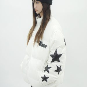 High Street Five-Pointed Star Phantom Letter Winter Warm Cotton Jacket for Couples with Stand Collar - Cozy Casual Outerwear