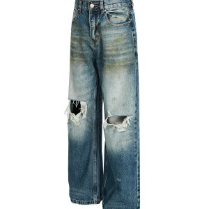 High Street Loose Floor-Length Denim Pants with Inside Patch Hole Design - American Straight Vibe, Y2K Style