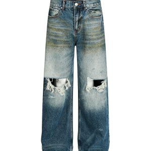 High Street Loose Floor-Length Denim Pants with Inside Patch Hole Design - American Straight Vibe, Y2K Style