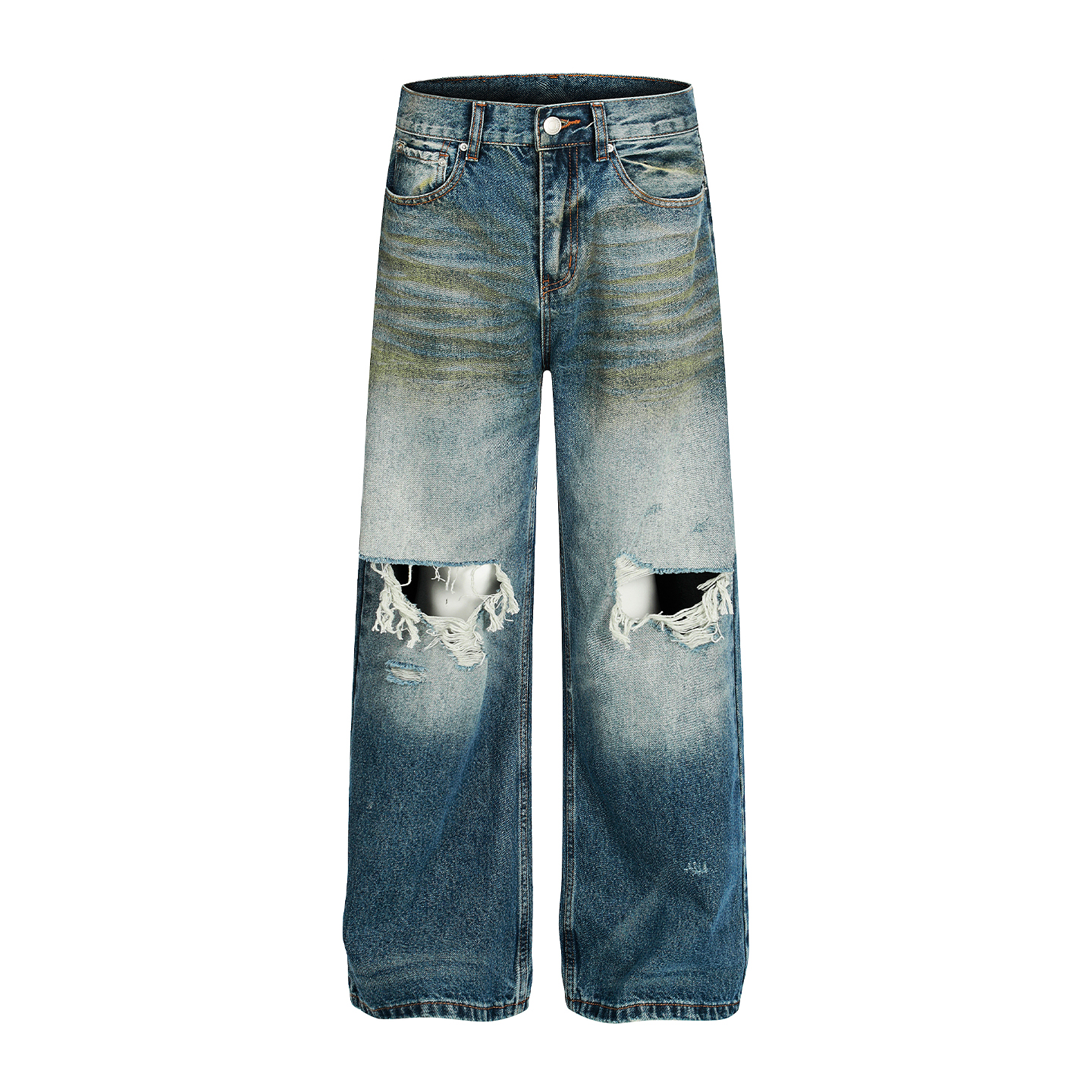 High Street Loose Floor-Length Denim Pants with Inside Patch Hole Design - American Straight Vibe, Y2K Style