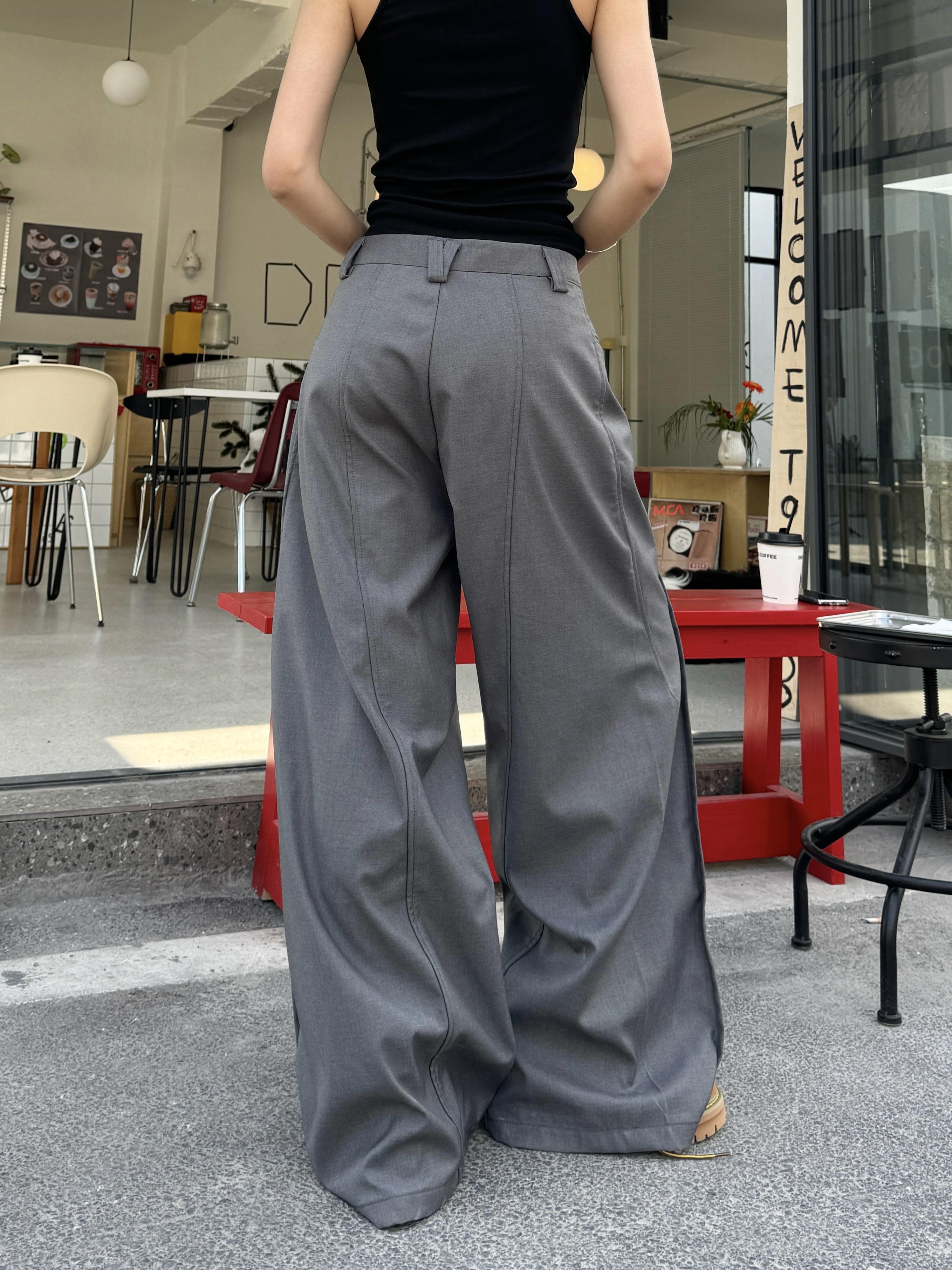 High Street Patchwork Pleated Wide-Leg Floor-Length Pants in Gray - Vintage Hot Girl Style, Trendy 90s Fashion