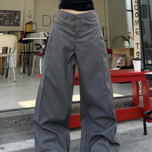 High Street Patchwork Pleated Wide-Leg Floor-Length Pants in Gray - Vintage Hot Girl Style, Trendy 90s Fashion