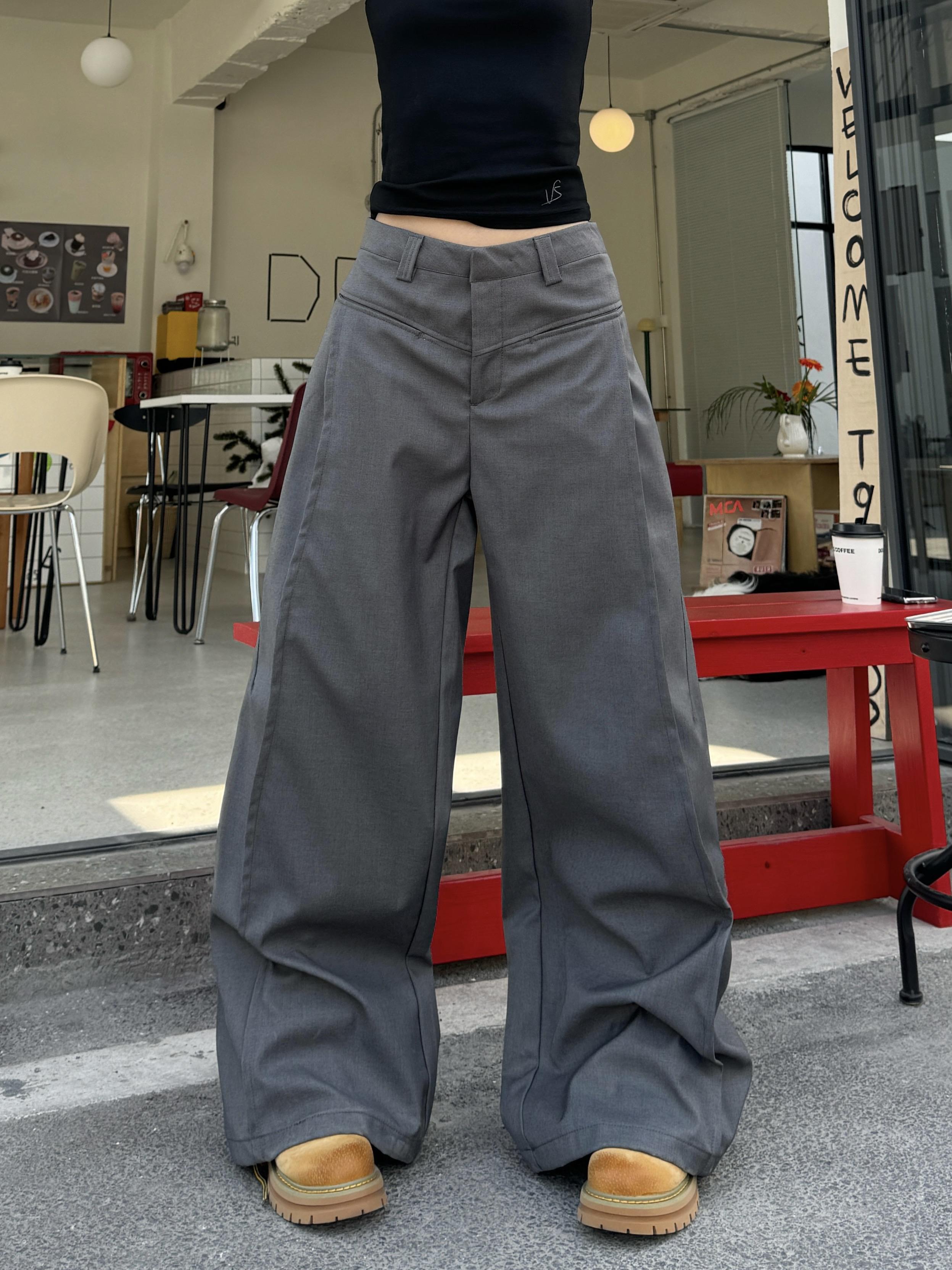 High Street Patchwork Pleated Wide-Leg Floor-Length Pants in Gray - Vintage Hot Girl Style, Trendy 90s Fashion