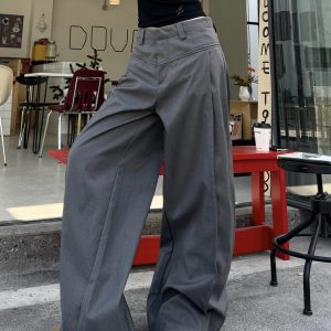 High Street Patchwork Pleated Wide-Leg Floor-Length Pants in Gray - Vintage Hot Girl Style, Trendy 90s Fashion