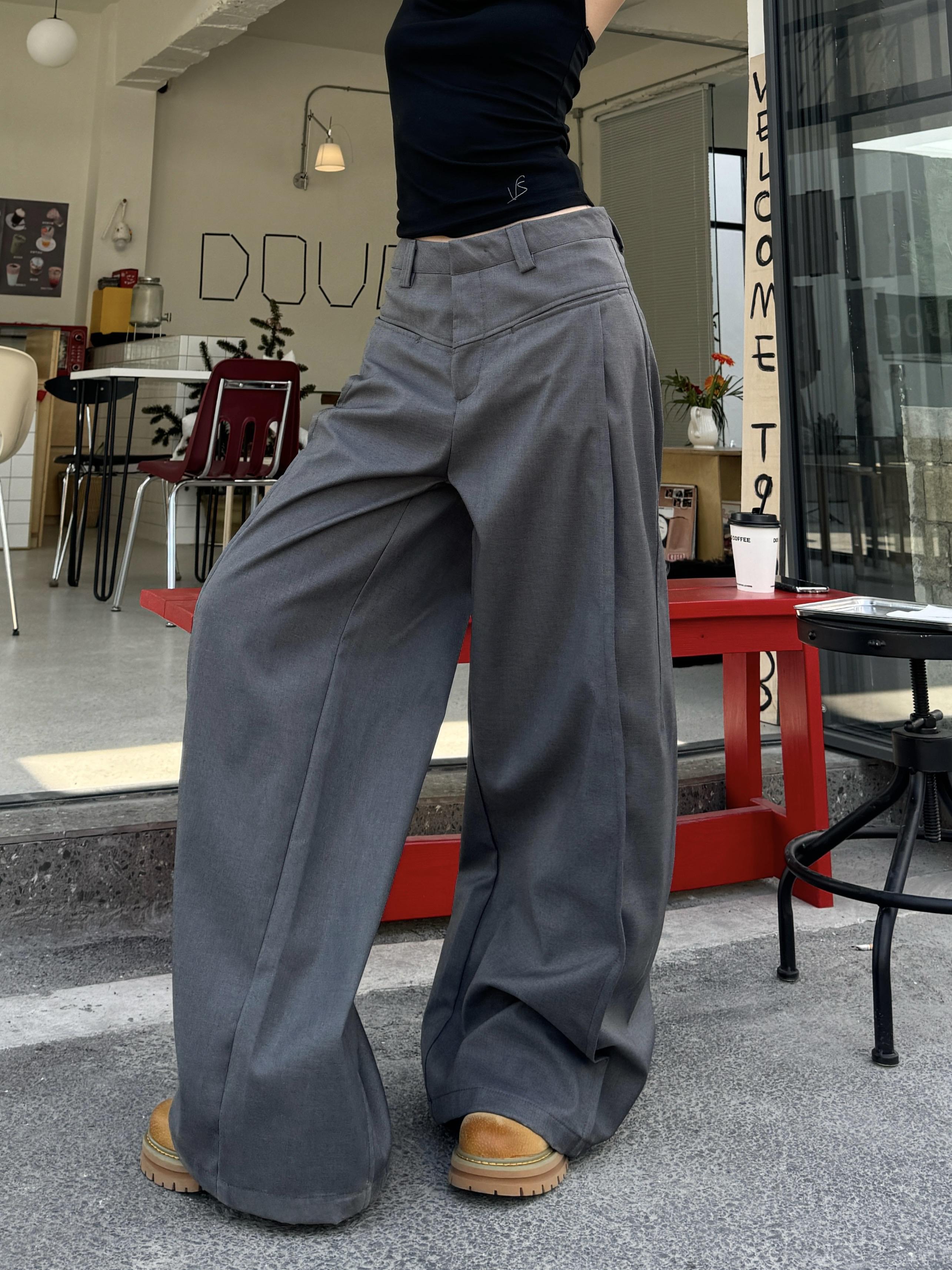 High Street Patchwork Pleated Wide-Leg Floor-Length Pants in Gray - Vintage Hot Girl Style, Trendy 90s Fashion