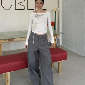 High Street Patchwork Pleated Wide-Leg Floor-Length Pants in Gray - Vintage Hot Girl Style, Trendy 90s Fashion