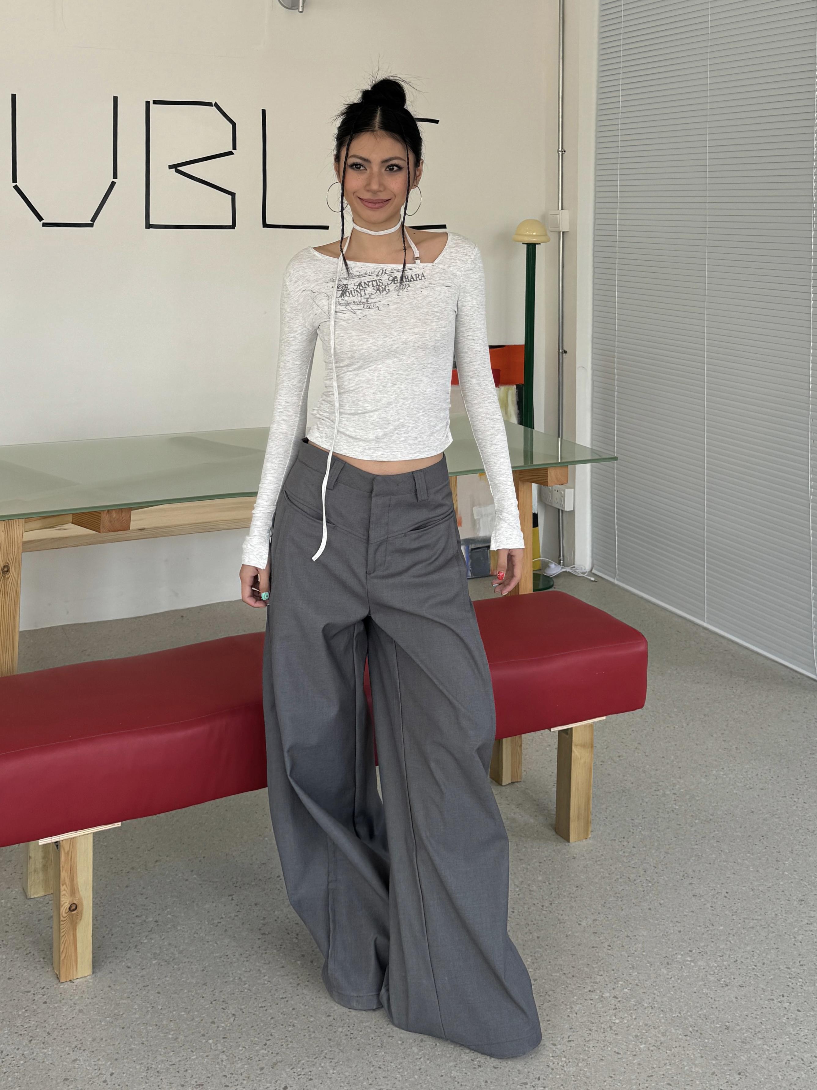 High Street Patchwork Pleated Wide-Leg Floor-Length Pants in Gray - Vintage Hot Girl Style, Trendy 90s Fashion