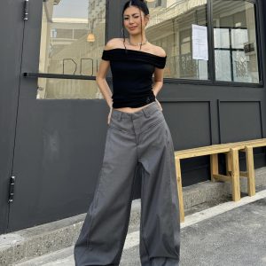 High Street Patchwork Pleated Wide-Leg Floor-Length Pants in Gray - Vintage Hot Girl Style, Trendy 90s Fashion