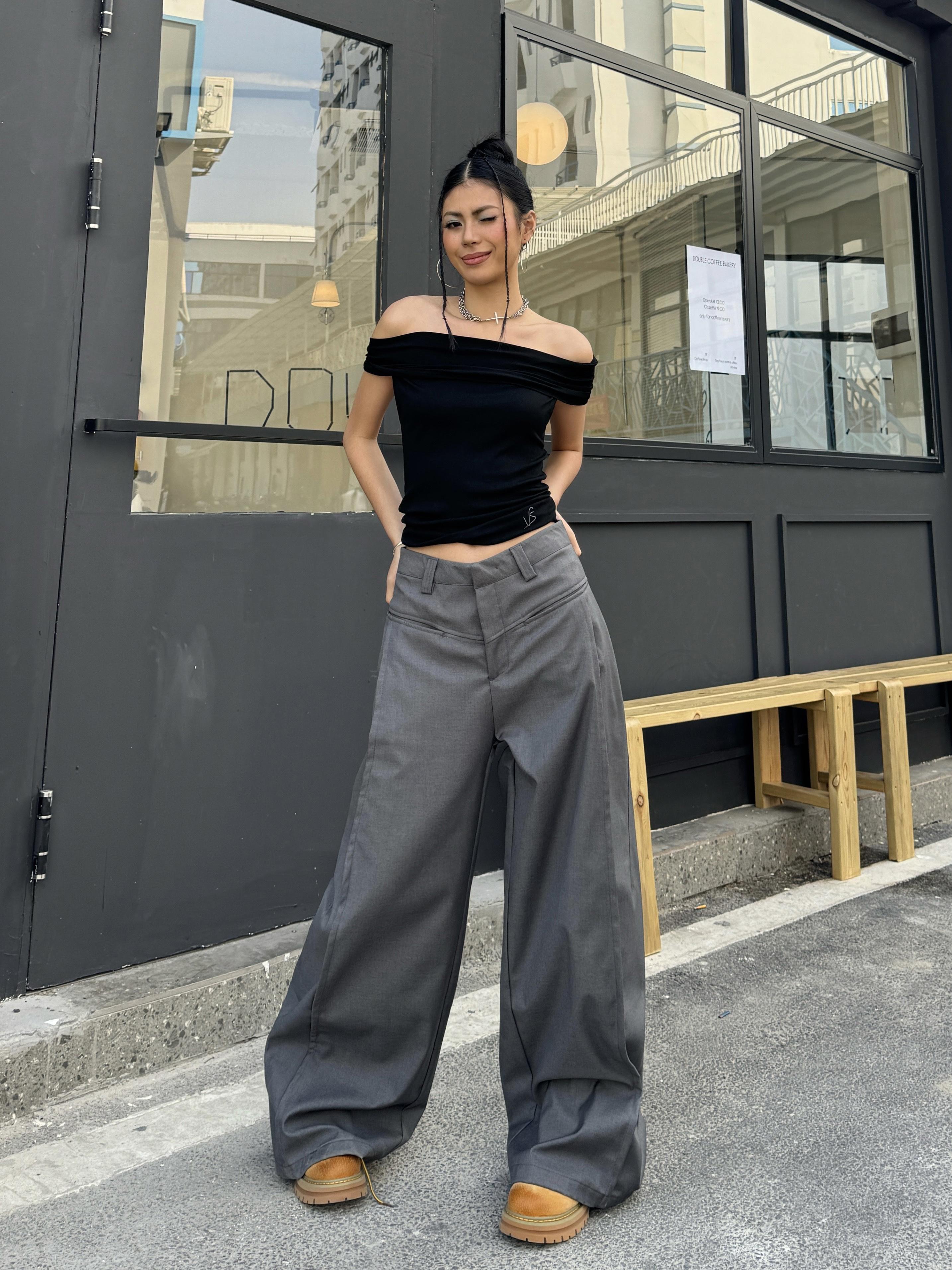 High Street Patchwork Pleated Wide-Leg Floor-Length Pants in Gray - Vintage Hot Girl Style, Trendy 90s Fashion