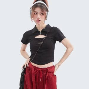 High Street Trendy Polo Collar Hollow Out Short Sleeve Crop Top - Unique Summer T-Shirt for Chic Y2K Style Fashion