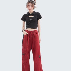 High Street Trendy Polo Collar Hollow Out Short Sleeve Crop Top - Unique Summer T-Shirt for Chic Y2K Style Fashion