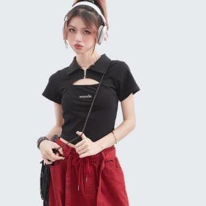 High Street Trendy Polo Collar Hollow Out Short Sleeve Crop Top - Unique Summer T-Shirt for Chic Y2K Style Fashion