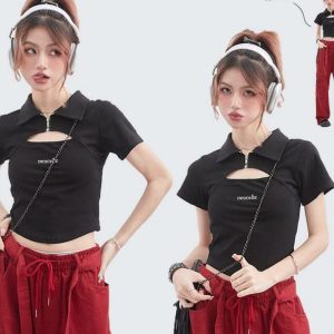High Street Trendy Polo Collar Hollow Out Short Sleeve Crop Top - Unique Summer T-Shirt for Chic Y2K Style Fashion