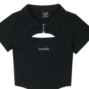 High Street Trendy Polo Collar Hollow Out Short Sleeve Crop Top - Unique Summer T-Shirt for Chic Y2K Style Fashion
