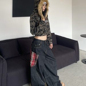 High Street Vibe Wide-Leg Denim Pants with Big Pocket Patchwork and Curved Knife Detail, Hip-Hop Inspired American Plaid Design