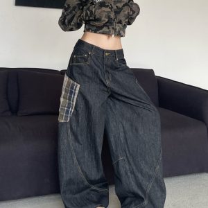 High Street Vibe Wide-Leg Denim Pants with Big Pocket Patchwork and Curved Knife Detail, Hip-Hop Inspired American Plaid Design