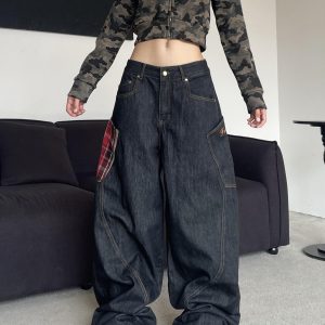 High Street Vibe Wide-Leg Denim Pants with Big Pocket Patchwork and Curved Knife Detail, Hip-Hop Inspired American Plaid Design