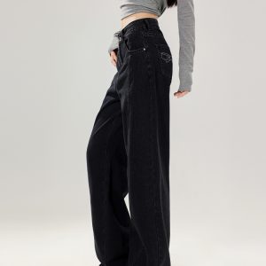 High Waist Black Wide-Leg Jeans for Women with Bow Detail - Slimming Non-Tight Straight Long Pants, Perfect for Autumn Style