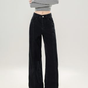 High Waist Black Wide-Leg Jeans for Women with Bow Detail - Slimming Non-Tight Straight Long Pants, Perfect for Autumn Style