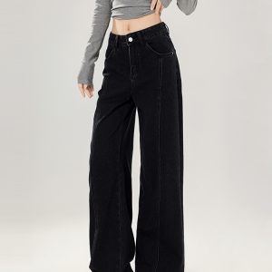 High Waist Black Wide-Leg Jeans for Women with Bow Detail - Slimming Non-Tight Straight Long Pants, Perfect for Autumn Style