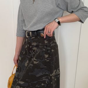 High Waist Midi Skirt for Women - American Vintage Camouflage Design, Spring Summer 2023, Y2K Style, Perfect for Casual Outfits