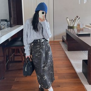 High Waist Midi Skirt for Women - American Vintage Camouflage Design, Spring Summer 2023, Y2K Style, Perfect for Casual Outfits