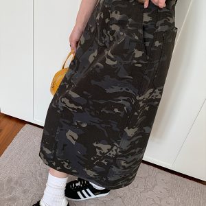 High Waist Midi Skirt for Women - American Vintage Camouflage Design, Spring Summer 2023, Y2K Style, Perfect for Casual Outfits