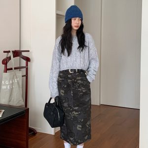 High Waist Midi Skirt for Women - American Vintage Camouflage Design, Spring Summer 2023, Y2K Style, Perfect for Casual Outfits
