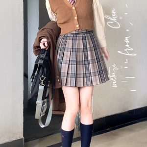 High Waist Pleated JK Plaid Skirt for Women - Cute Pudding Bear Design, Y2K Style Uniform Short Skirt