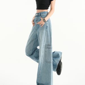 High-Waist Retro Wide-Leg Jeans for Women, 2025 Spring Casual Workwear with Multiple Pockets, Loose Slimming Straight-Leg Design