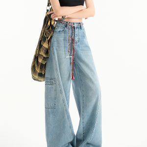 High-Waist Retro Wide-Leg Jeans for Women, 2025 Spring Casual Workwear with Multiple Pockets, Loose Slimming Straight-Leg Design