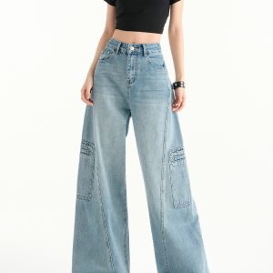 High-Waist Retro Wide-Leg Jeans for Women, 2025 Spring Casual Workwear with Multiple Pockets, Loose Slimming Straight-Leg Design
