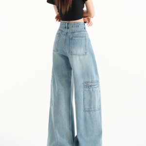 High-Waist Retro Wide-Leg Jeans for Women, 2025 Spring Casual Workwear with Multiple Pockets, Loose Slimming Straight-Leg Design