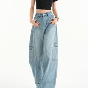High-Waist Retro Wide-Leg Jeans for Women, 2025 Spring Casual Workwear with Multiple Pockets, Loose Slimming Straight-Leg Design