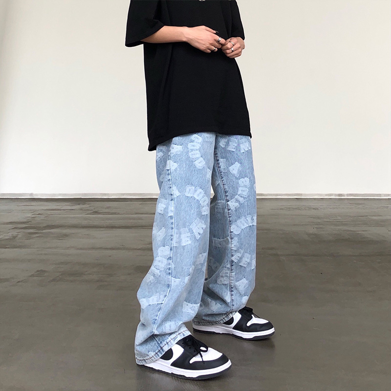 High-Waist Wide-Leg Denim Dad Pants - Loose Fit, Letter Print, Washed Finish, Street Style Hip-Hop Fashion, Versatile Slimming Look