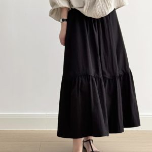High-Waisted A-Line Long Skirt with French Lace Splicing, Loose Fit Japanese-Style Umbrella Skirt for Summer 2025